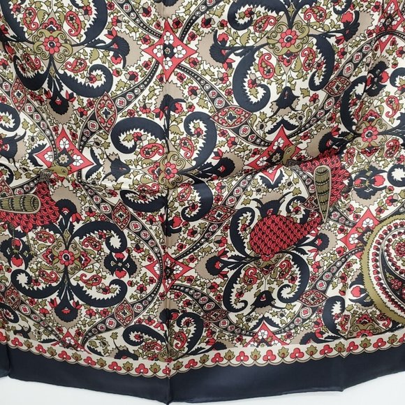 Vintage Silk Scarf Square  Black Tan Paisley 31" Square Twill Hand Rolled - Picture 7 of 11